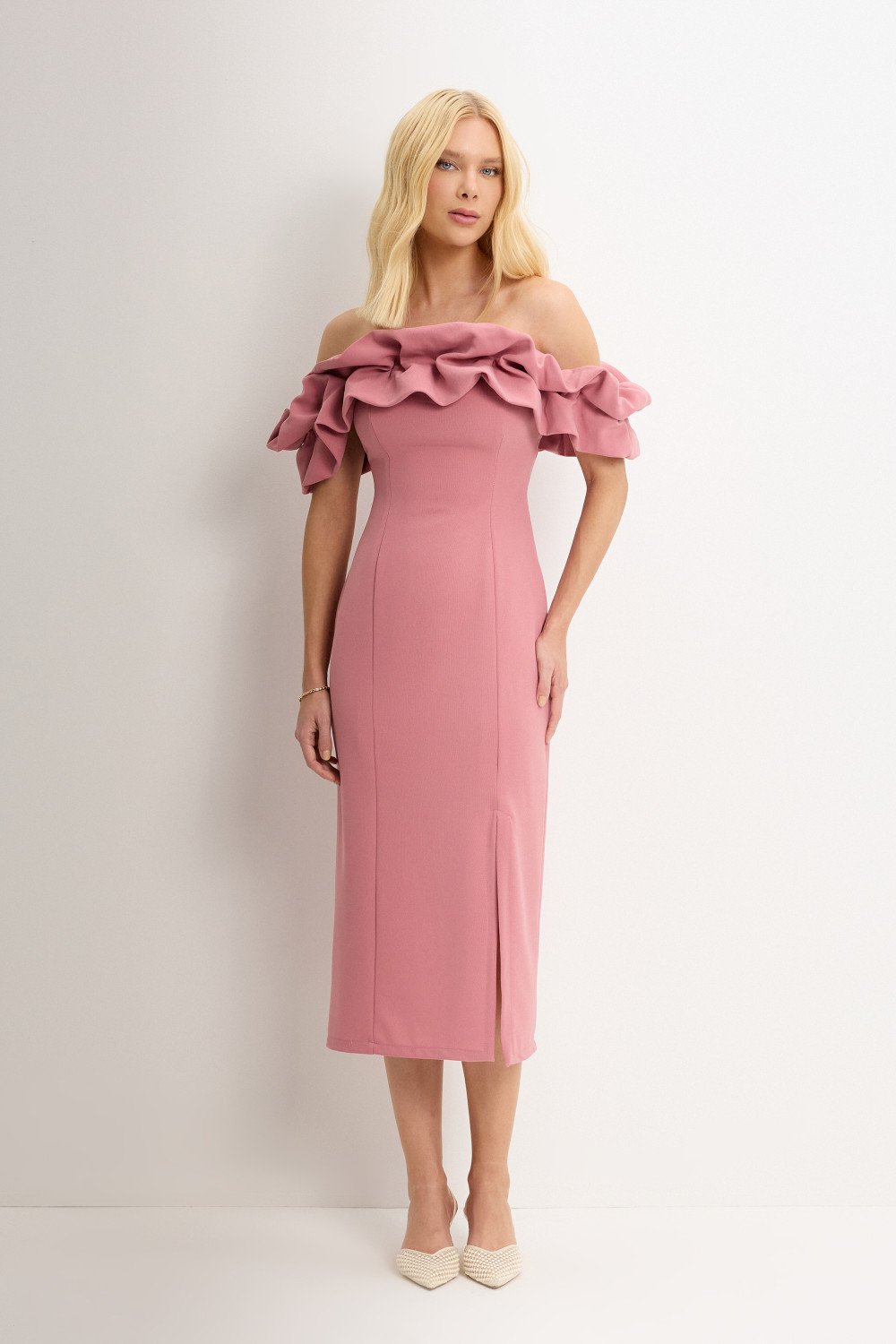 VESTIDO OMBRO A OMBRO MIDI BABADOS PATY - ROSA