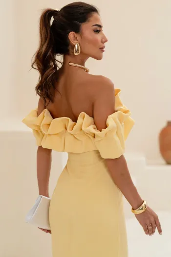 VESTIDO OMBRO A OMBRO MIDI BABADOS PATY - AMARELO