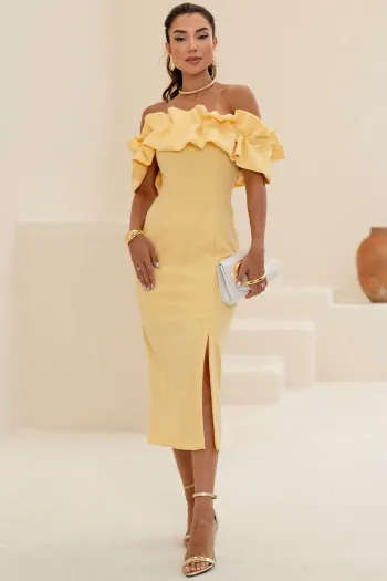 VESTIDO OMBRO A OMBRO MIDI BABADOS PATY - AMARELO