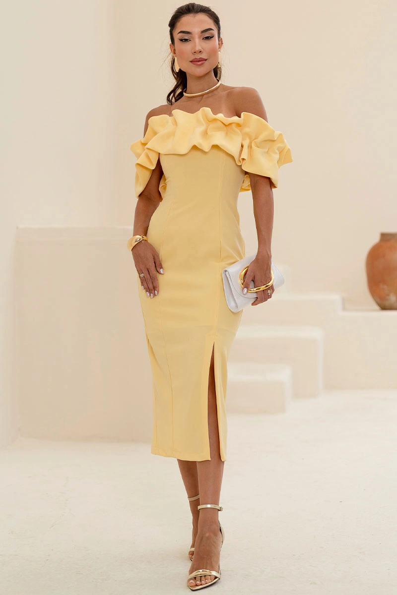 VESTIDO OMBRO A OMBRO MIDI BABADOS PATY - AMARELO