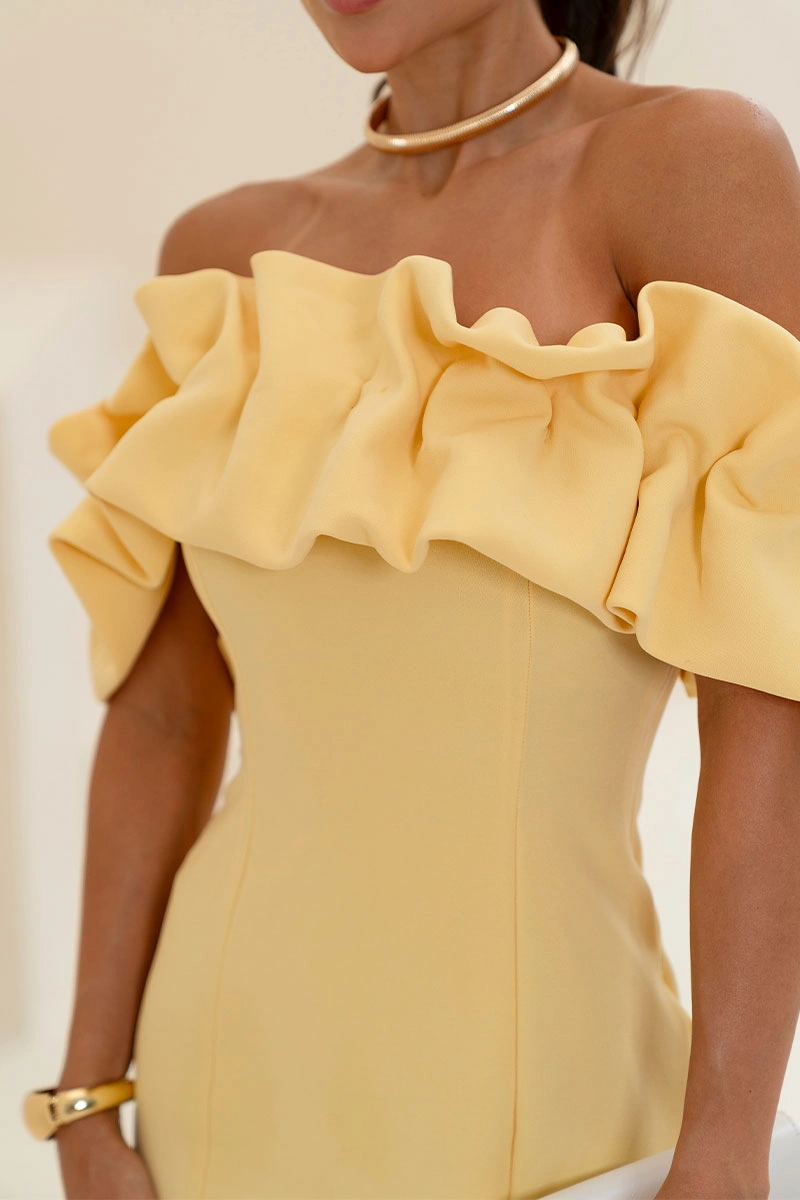 VESTIDO OMBRO A OMBRO MIDI BABADOS PATY - AMARELO