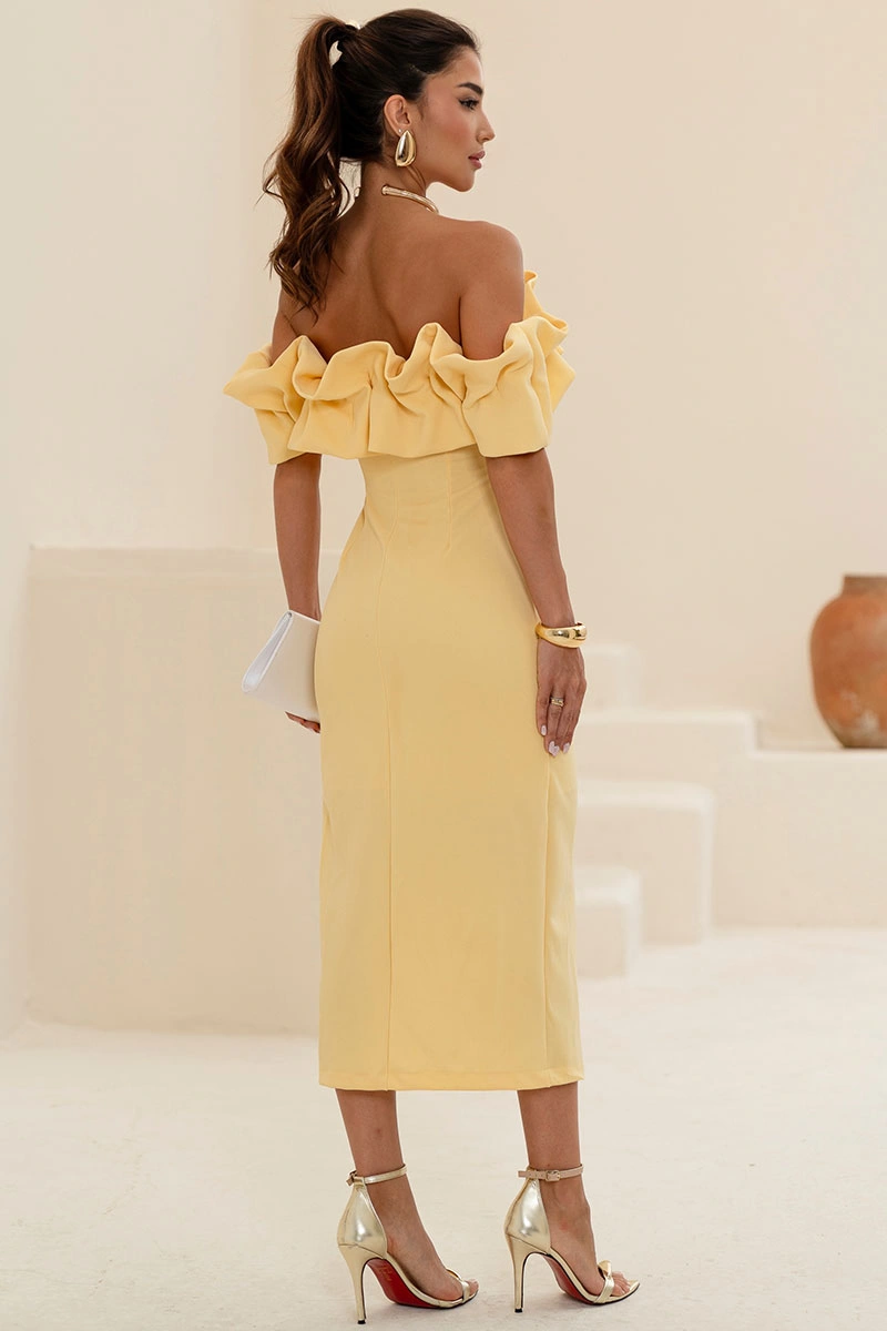 VESTIDO OMBRO A OMBRO MIDI BABADOS PATY - AMARELO