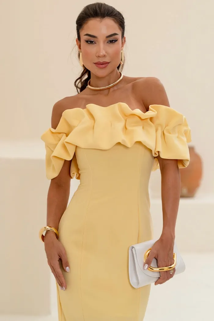 VESTIDO OMBRO A OMBRO MIDI BABADOS PATY - AMARELO