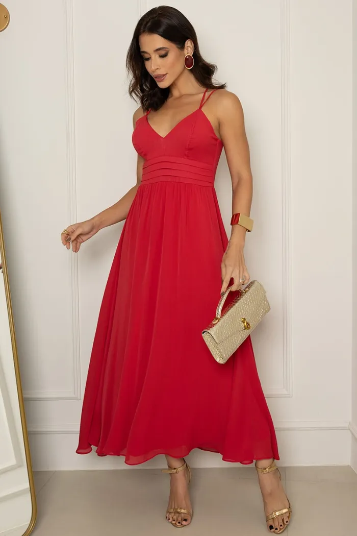 VESTIDO ANTONELLA MIDI LISO COM ZIPER COSTA - VERMELHO