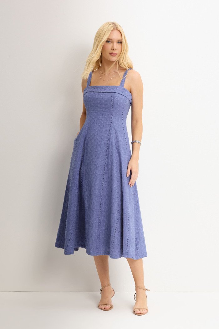 VESTIDO LOREN BORDADO ALÇA E BOLSOS - AZUL CIANO
