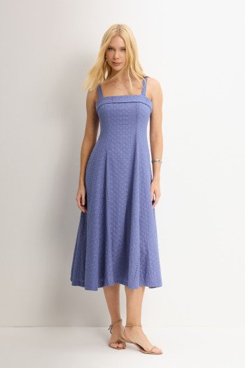 VESTIDO LOREN BORDADO ALÇA E BOLSOS - AZUL CIANO