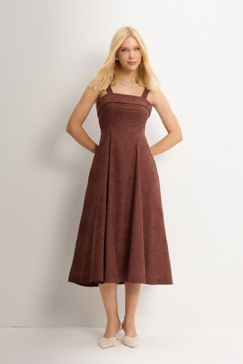 VESTIDO LOREN BORDADO ALÇA E BOLSOS - MARROM