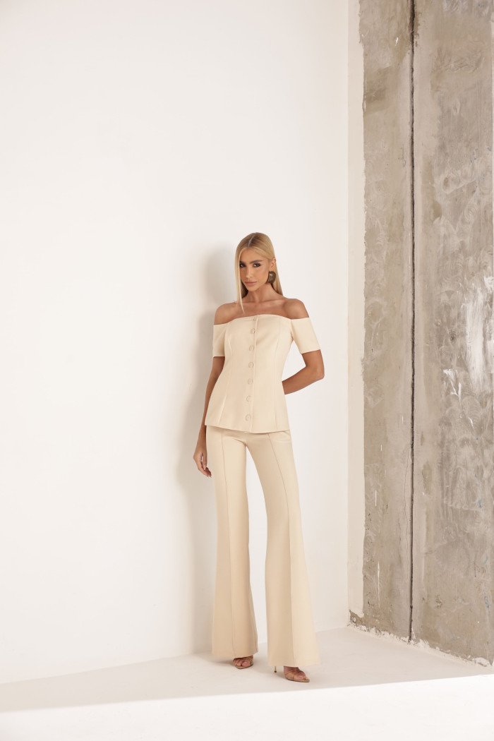 CONJUNTO LONDRES ALFAITARIA BLUSA OMBRO A OMBRO - AREIA