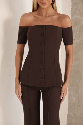 CONJUNTO LONDRES ALFAITARIA BLUSA OMBRO A OMBRO - CAFÉ