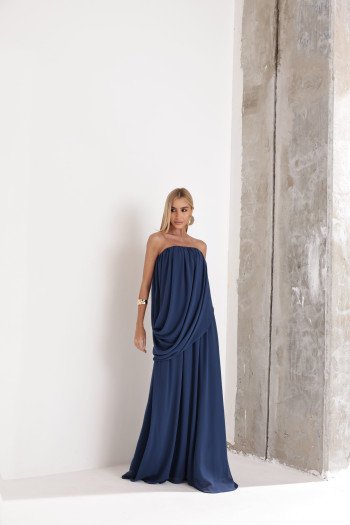 VESTIDO LONGO LOUISE DRAPEADO - AZUL INDIGO