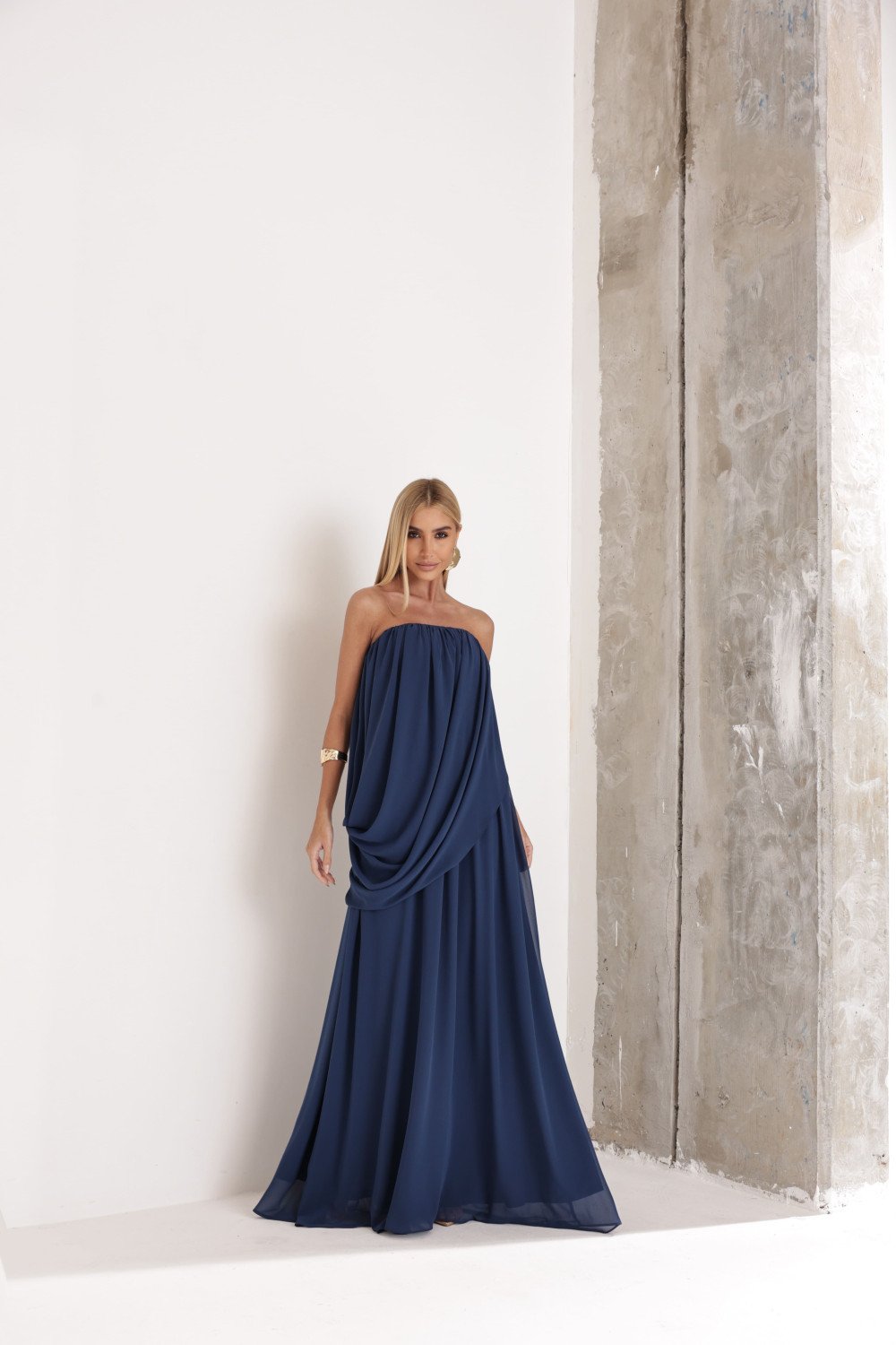 VESTIDO LONGO LOUISE DRAPEADO - AZUL INDIGO