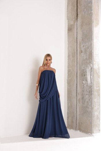 VESTIDO LONGO LOUISE DRAPEADO - AZUL INDIGO