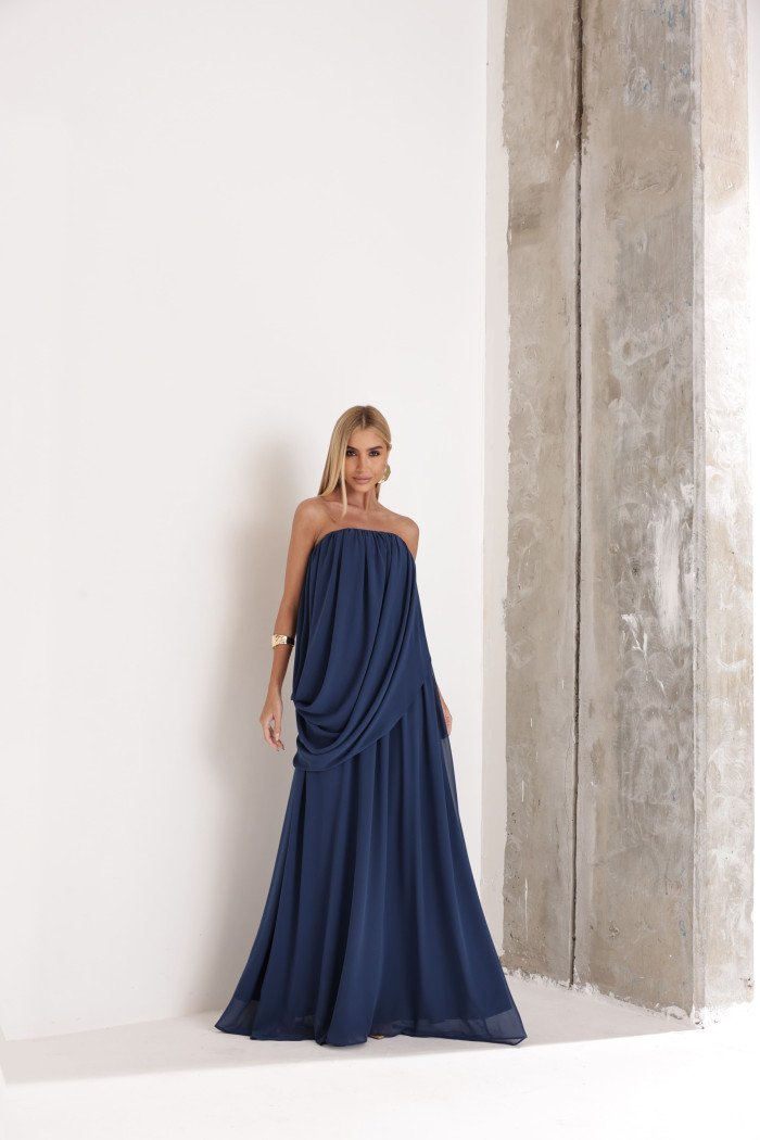 VESTIDO LONGO LOUISE DRAPEADO - AZUL INDIGO