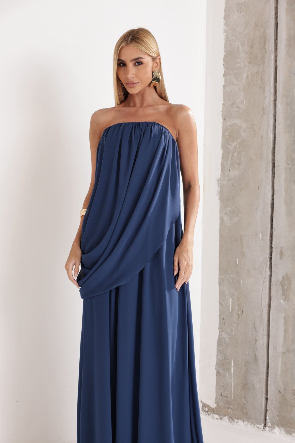 VESTIDO LONGO LOUISE DRAPEADO - AZUL INDIGO