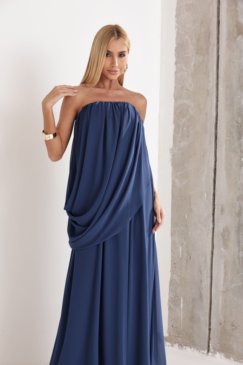 VESTIDO LONGO LOUISE DRAPEADO - AZUL INDIGO