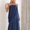 VESTIDO LONGO LOUISE DRAPEADO - AZUL INDIGO