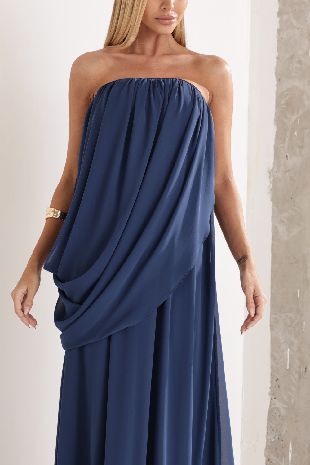 VESTIDO LONGO LOUISE DRAPEADO - AZUL INDIGO