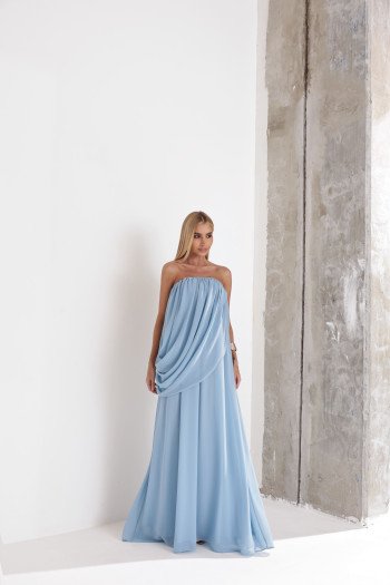VESTIDO LONGO LOUISE DRAPEADO - AZUL SERENITY