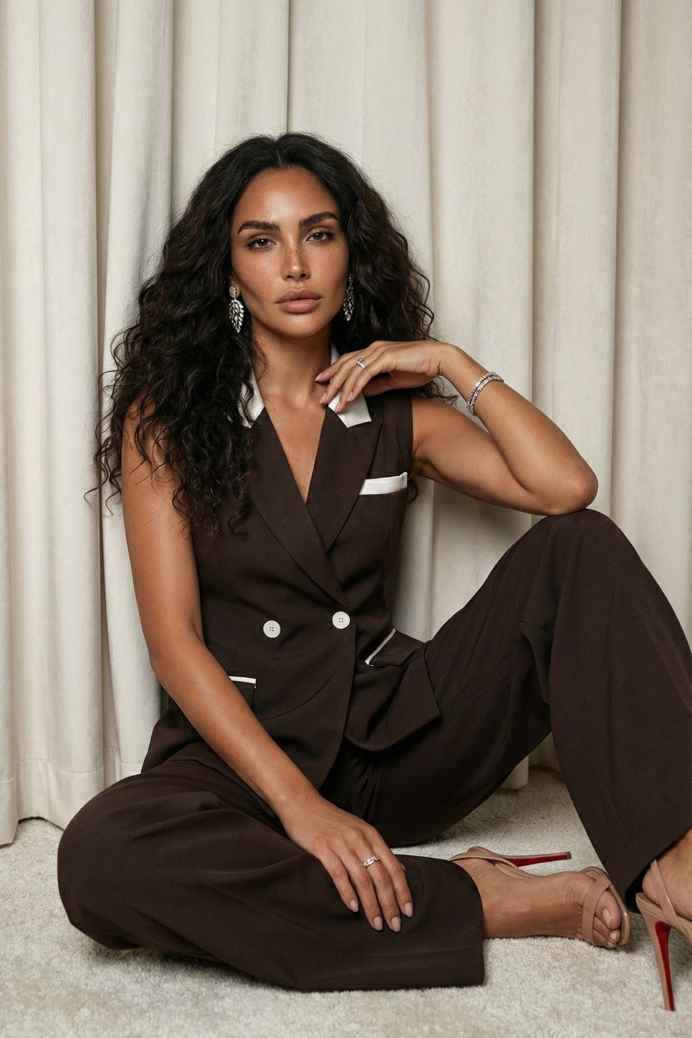 CONJUNTO JANAÍNA COLETE E PANTALONA BICOLOR FINESSE - MARROM