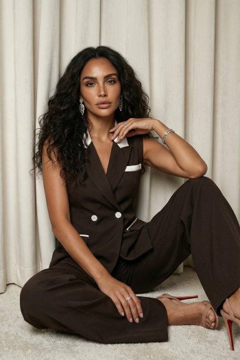 CONJUNTO JANAÍNA COLETE E PANTALONA BICOLOR FINESSE - MARROM