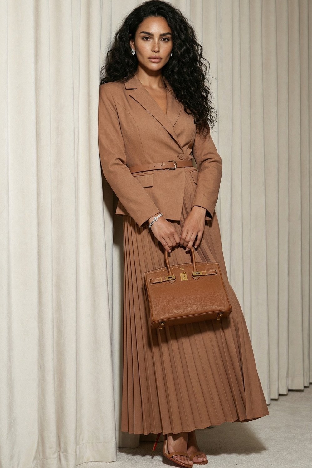 VESTIDO CÁSSIA ALFAIATARIA PLISSADO FINESSE - CAMEL