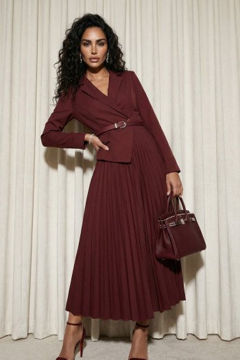 VESTIDO CÁSSIA ALFAIATARIA PLISSADO FINESSE - MARSALA