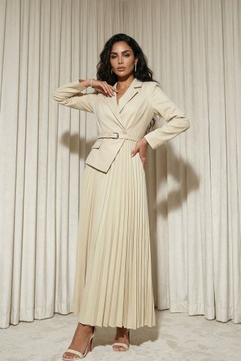 VESTIDO CÁSSIA ALFAIATARIA PLISSADO FINESSE - AREIA