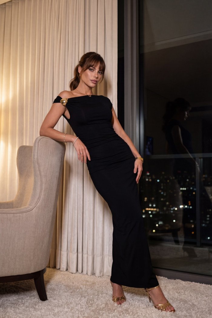 VESTIDO SAMANTA OMBRO A OMBRO MIDI WILDNESSE - PRETO