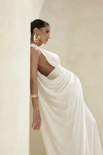 VESTIDO LONGO DRAPEADO COSTAS ARCO JENNYFER - OFF WHITE