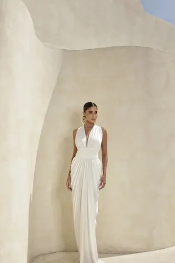 VESTIDO LONGO DRAPEADO COSTAS ARCO JENNYFER - OFF WHITE