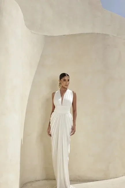 VESTIDO LONGO DRAPEADO COSTAS ARCO JENNYFER - OFF WHITE