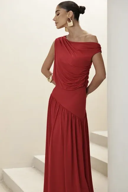 VESTIDO LONGO DRAPEADO CAMILLA - VERMELHO