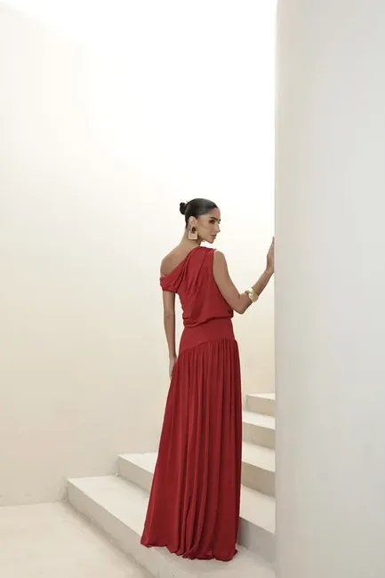 VESTIDO LONGO DRAPEADO CAMILLA - VERMELHO