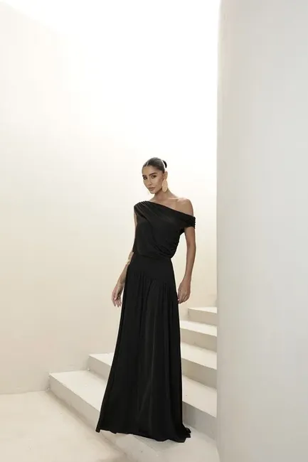 VESTIDO LONGO DRAPEADO CAMILLA - PRETO