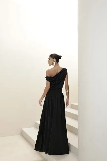 VESTIDO LONGO DRAPEADO CAMILLA - PRETO