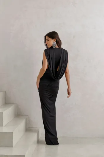VESTIDO LONGO JERSEY DRAPEADO - PRETO