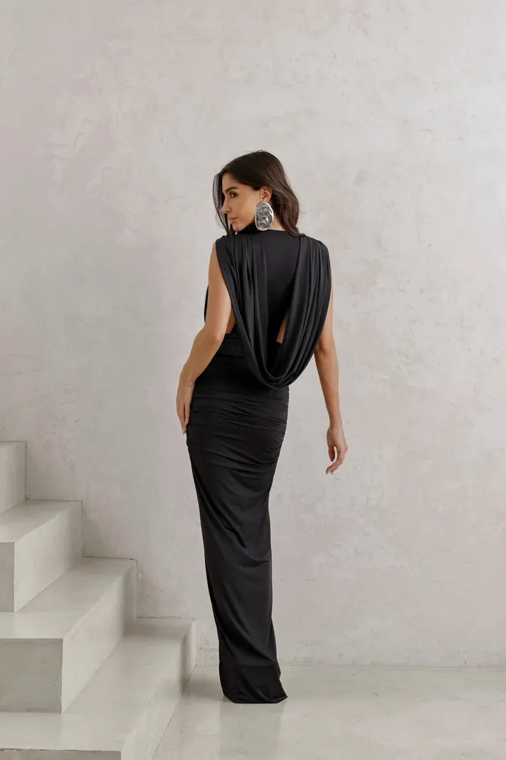 VESTIDO LONGO JERSEY DRAPEADO - PRETO