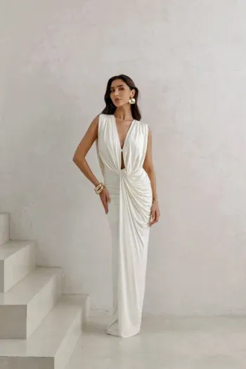 VESTIDO LONGO JERSEY DRAPEADO - OFF WHITE