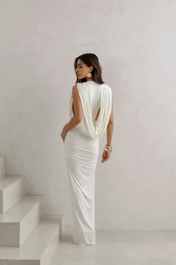 VESTIDO LONGO JERSEY DRAPEADO - OFF WHITE