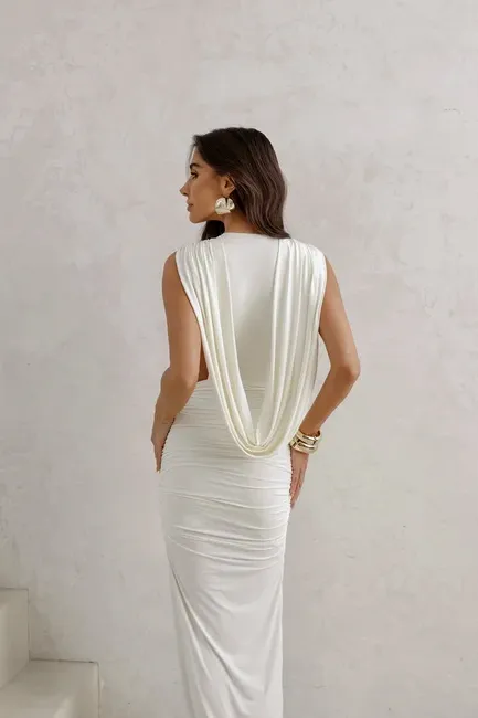 VESTIDO LONGO JERSEY DRAPEADO - OFF WHITE