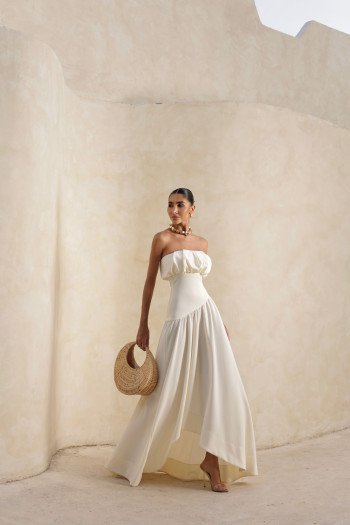 VESTIDO MIDI HELENA SAIA ASSIMÉTRICA - OFF WHITE