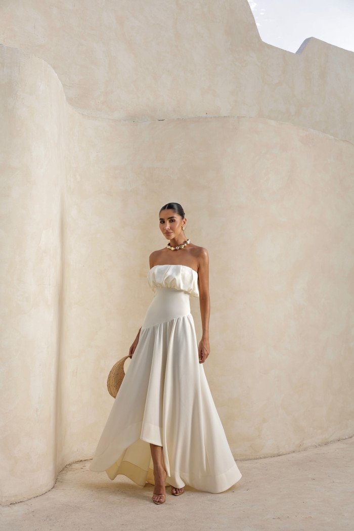 VESTIDO MIDI HELENA SAIA ASSIMÉTRICA - OFF WHITE