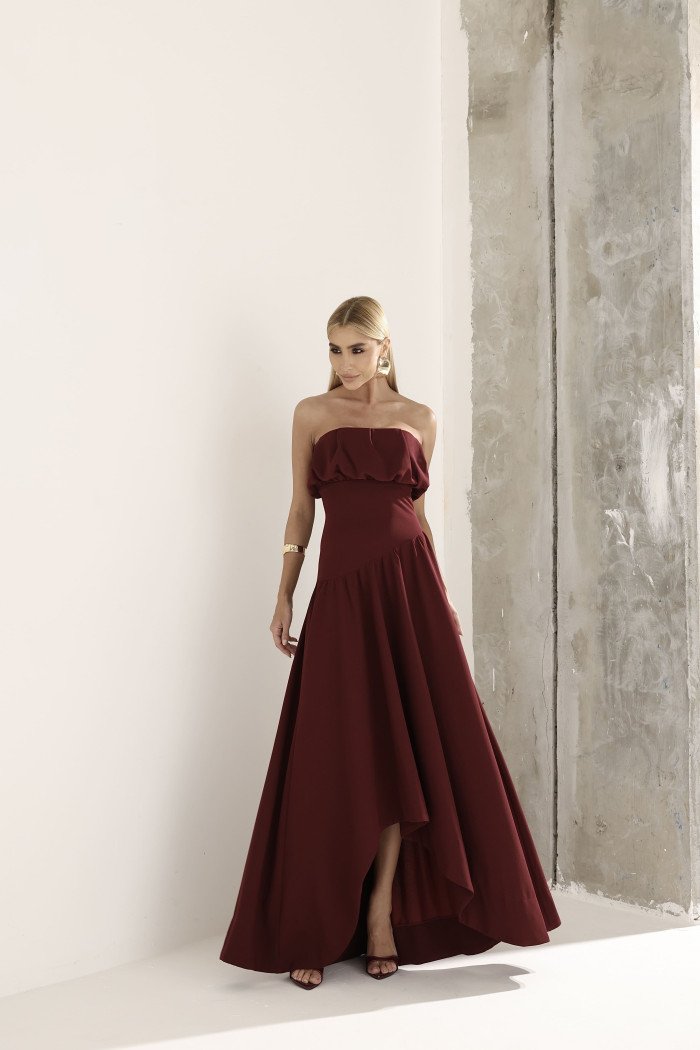 VESTIDO MIDI HELENA SAIA ASSIMÉTRICA - VINHO