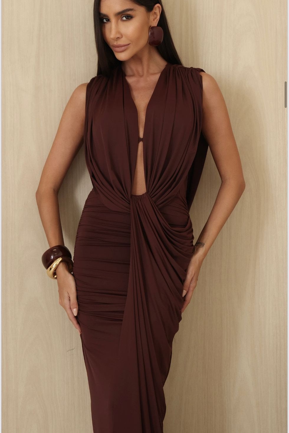 VESTIDO LONGO JERSEY DRAPEADO - CAFÉ