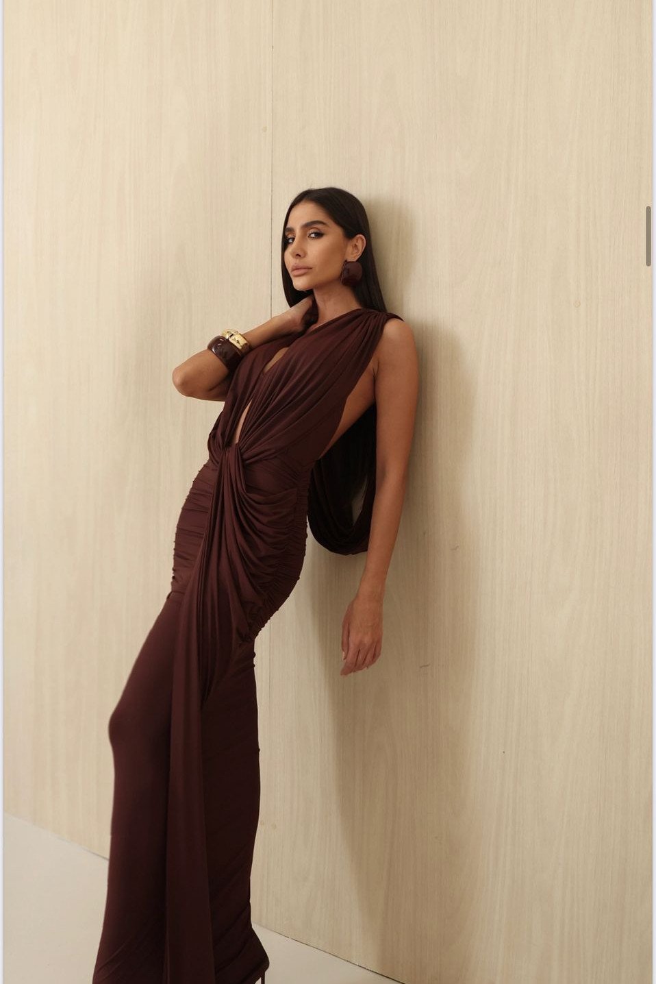 VESTIDO LONGO JERSEY DRAPEADO - CAFÉ