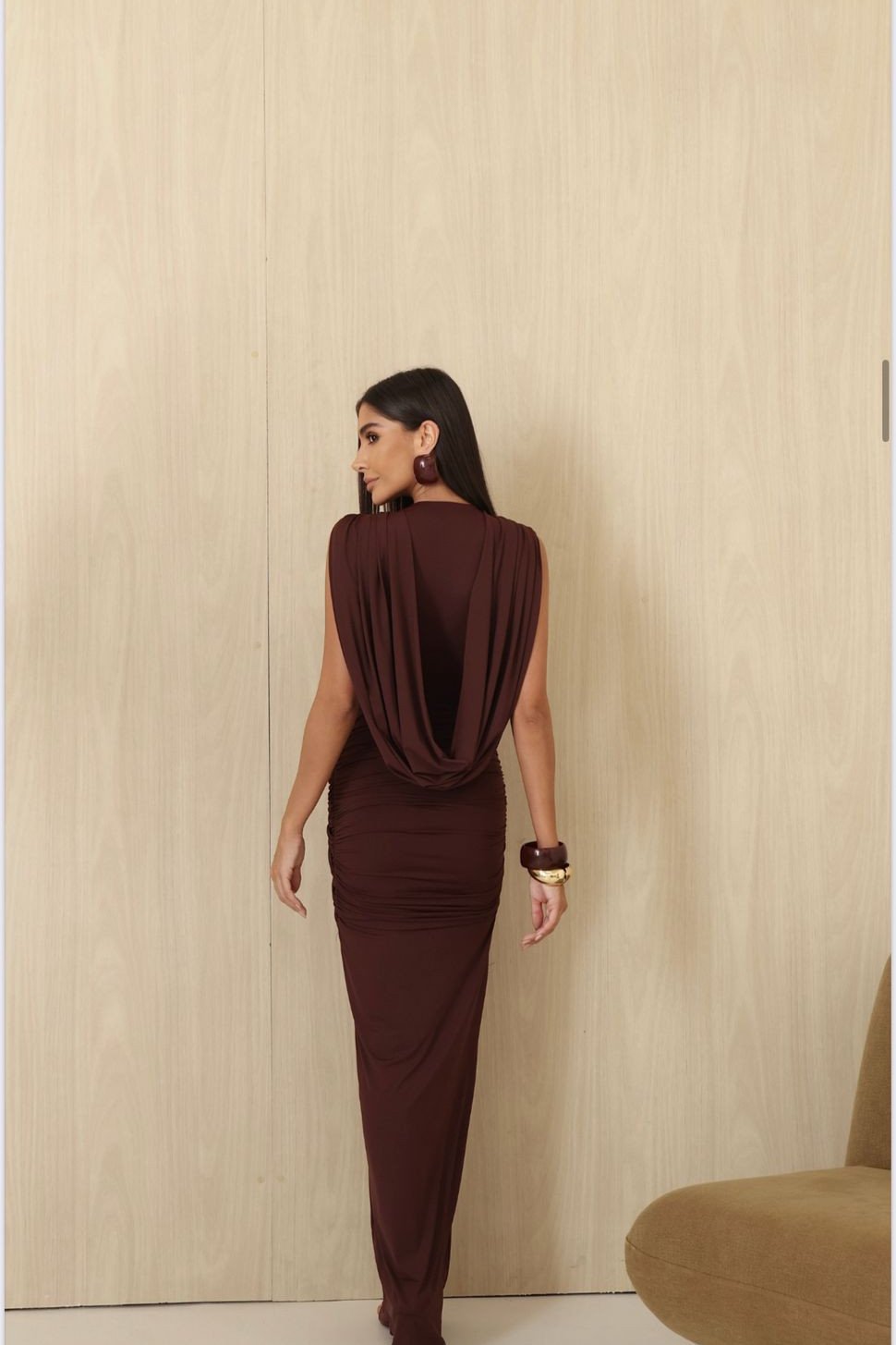 VESTIDO LONGO JERSEY DRAPEADO - CAFÉ