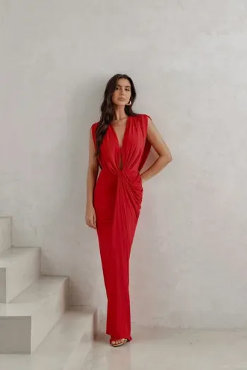 VESTIDO LONGO JERSEY DRAPEADO - VERMELHO