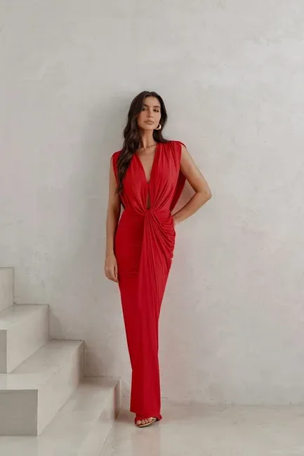 VESTIDO LONGO JERSEY DRAPEADO - VERMELHO