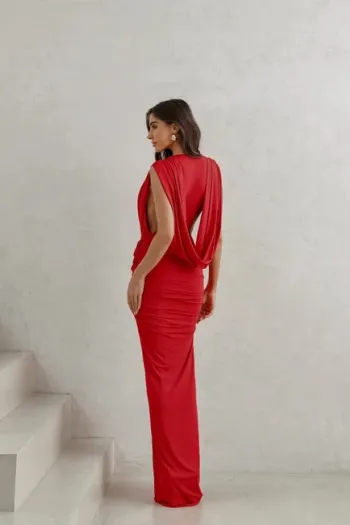 VESTIDO LONGO JERSEY DRAPEADO - VERMELHO