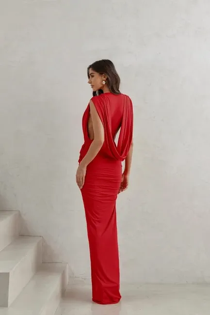 VESTIDO LONGO JERSEY DRAPEADO - VERMELHO